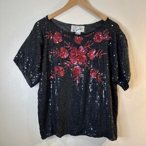 In Fashions Black sequined top with red floral embroidery 100% pure silk Size L